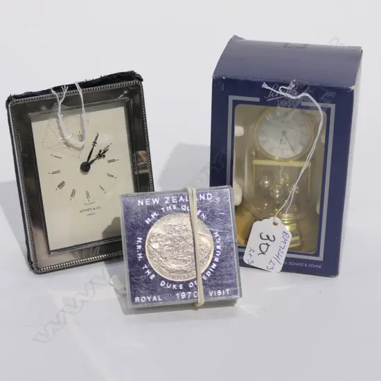 SM SCHATZ DOM CLOCK; SIL. PLATE 'KITNEY' CLOCK & 3 NZ COINS