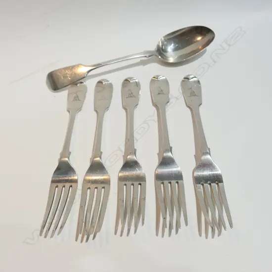 5 SILVER FORKS L.1842 + 1 SPOON L.1878. 