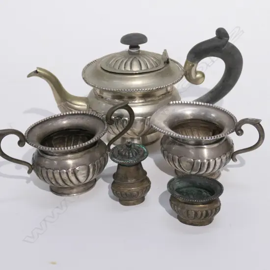 HEAVY SILVER 3-PC TEA SET + 2 CONDIMENTS (3+2) TOTAL 784gm (More...)