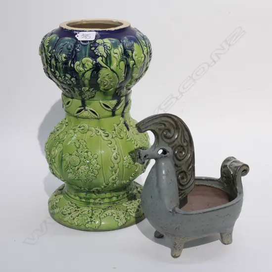 VICT STYLE GLAZED CERAMIC STAND + STYLIZED POTTERY HORSE 