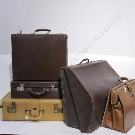 4 ASST SUITCASES + ACCORDIAN CASE