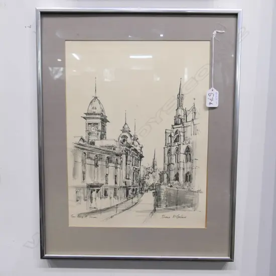 SHONA MACFARLANE INK SKETCH 'FROM HARROP ST. DUNEDIN 270MM X 300MM