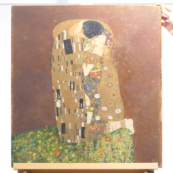 'THE KISS' MIXED MEDIA OIL & GOLD PAINT ON BOARD, AFTER GUSTAV KLIMT. 655 x 605mm