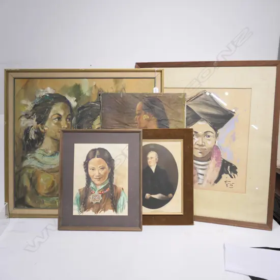 5 ASST PORTRAIT ARTWORKS W/C'S + OILS LARGEST FRAME 765 X 720 