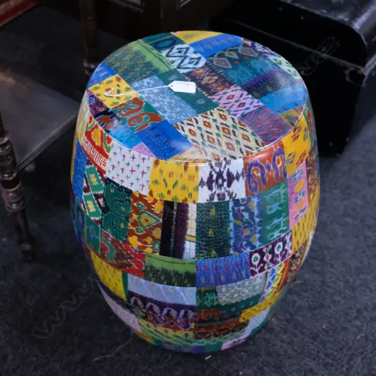POLYCHROME PATCHWORK GARDEN STOOL BARREL FORM