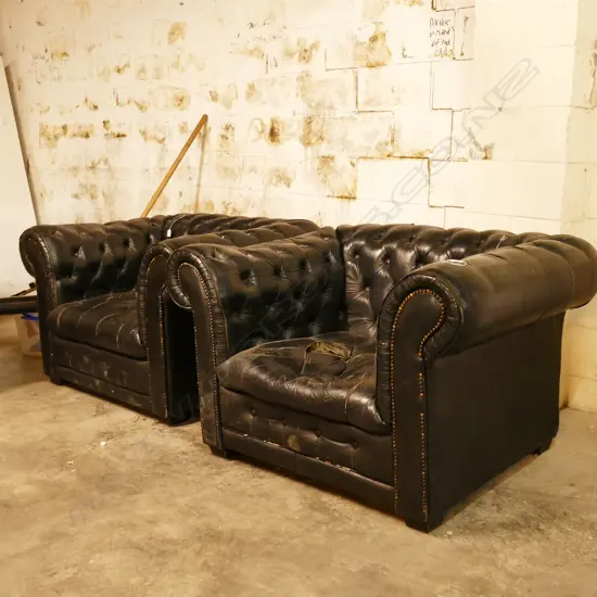 PR BLACK LEATHER CHESTERFIELD STYLE ARMCHAIRS