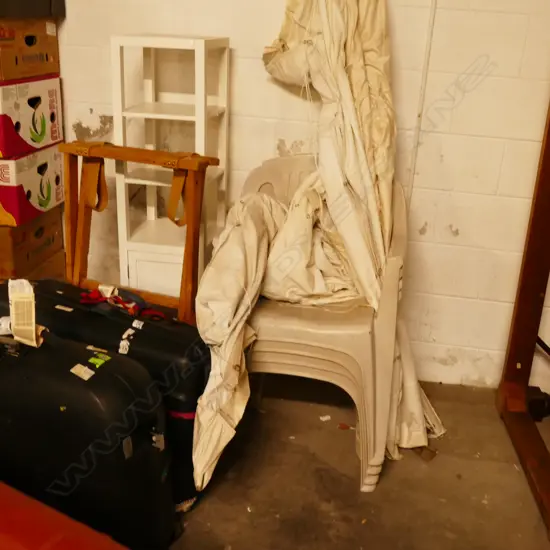 LARGE LOT MISC INCL. PAPER SHREDDER / SUITCASES / OUTDOOR CHAIRS ETC