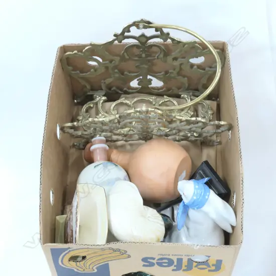 BOX LOT - MAGAZINE RACK, RABBIT, RESIN NAUTILUS, VASES