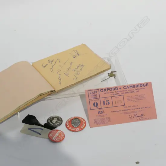 AUTOGRAPH BOOK WITH 1960s ALL BLACKS SIGNATURES PLUS BUTTONS AND '56 SPRINGBOK TOUR PIN