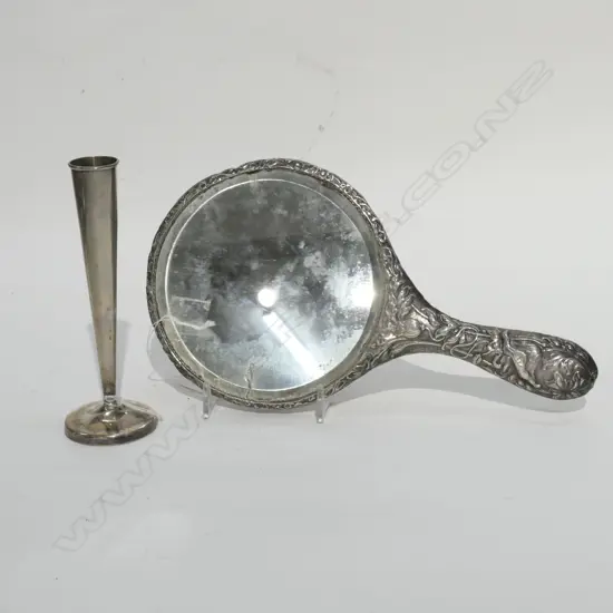 ART NOUVEAU HAND MIRROR AN SILVER SPECIMEN VASE - VASE WEIGHT 47GMS