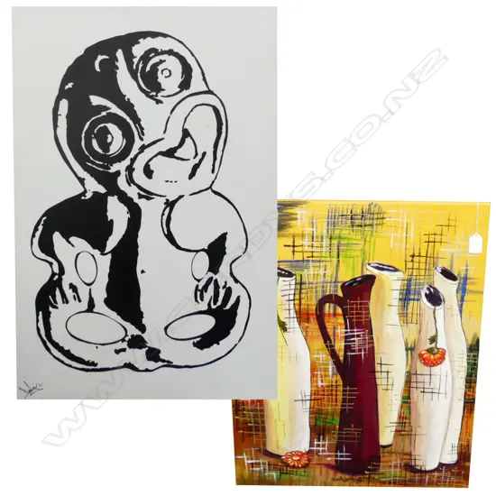 B & W TIKI ON CANVAS SIGNED, & OTHER SIGNED