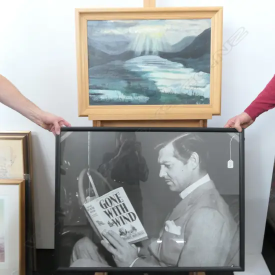 C F EMERY OIL LANDSCAPE 'DAWN AT LAKE TE ANAU' + CLARK GABLE PRINT. LARGEST 630 X 830