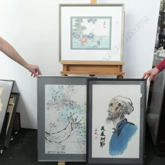 CHINESE WATERCOLOURS - FLORAL + SCHOLAR PORTRAIT + BOYS PLAYING