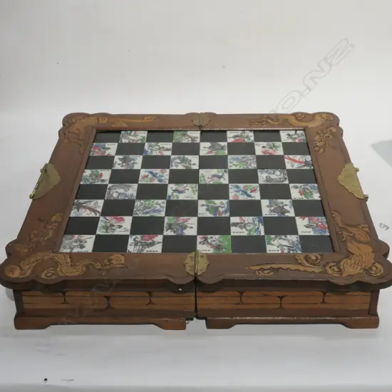 CARVED WOODEN TRAVELLING CHESS BOARD W/ STONE FIGURES