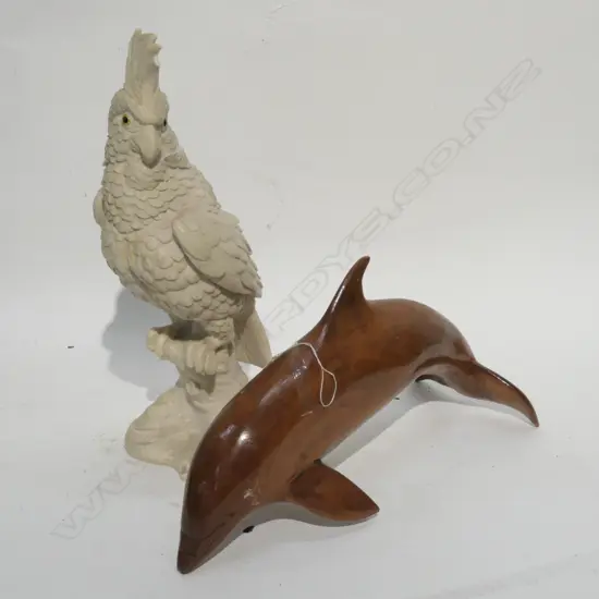WOODEN DOLPHIN AND RESIN COCKATOO
