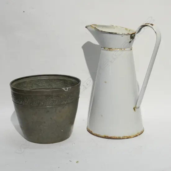 BRASS JARDINIERE, JOSEPH SANKY & ENAMEL WATER JUG