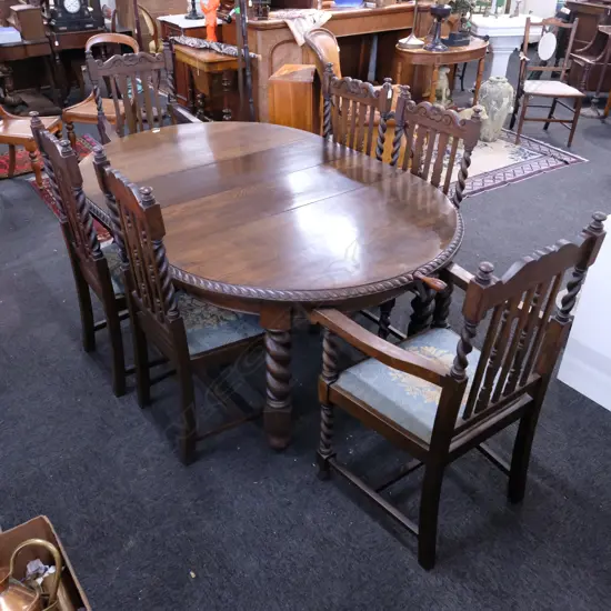 OAK BARLEY TWIST EXTENSION DINING TABLE W/ 6 CHAIRS + 2 LEAVES