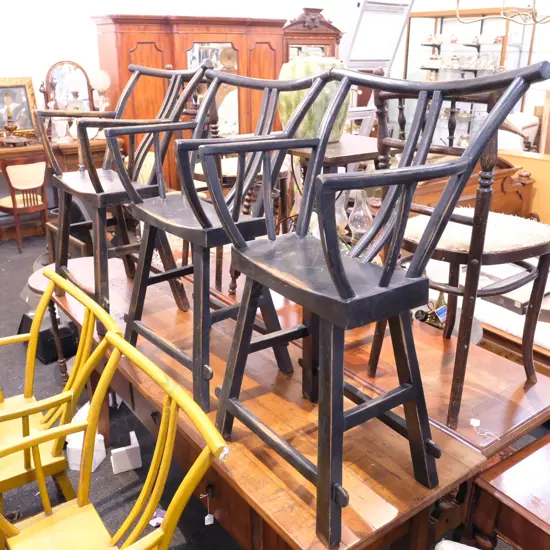 3 BLACK RUSTIC YOKE BACK CHINESE ELM OPEN ELBOW CHAIRS 