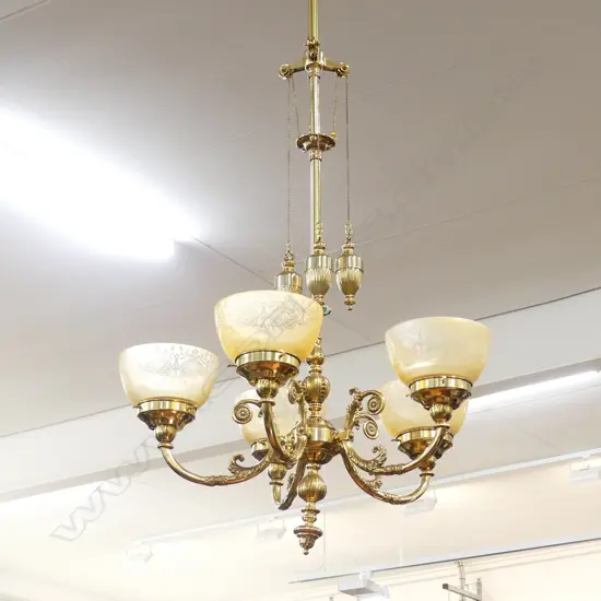 BRASS 5 BRANCH HANGING LIGHT FITTING H 1390 MM