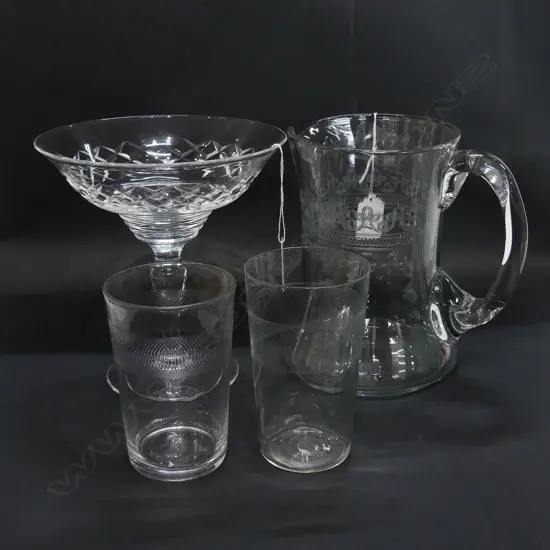 EDWARDIAN GLASS JUG/2 GLASSES+STUART COMPORT