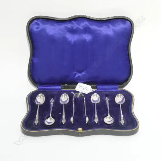 CASED SET SILVER PLATED APOSTLE COFFEE SPOONS & SUGAR TONGS
