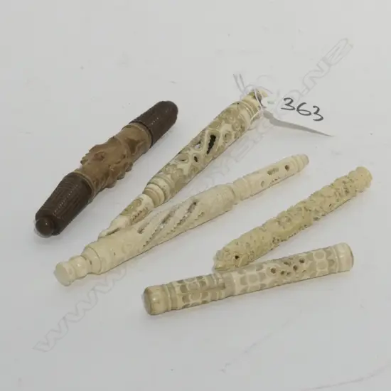 5 ANTIQUE BONE/IVORY/WOOD CARVED NEEDLE CASES