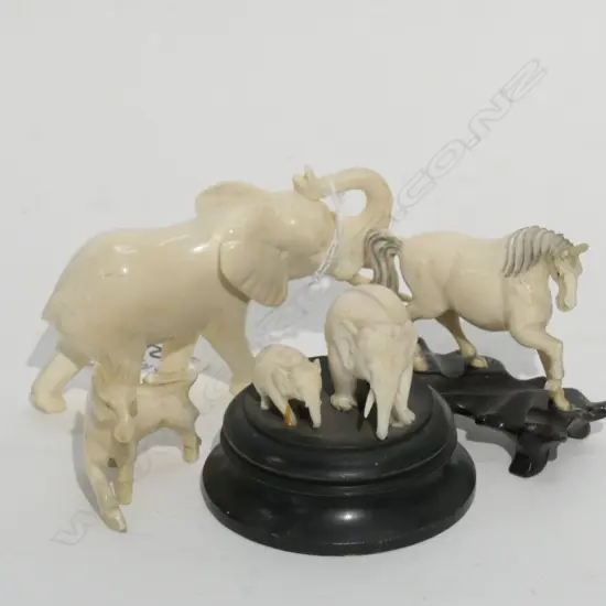 5 CARVED IVORY ANIMALS: 3 ELEPHANTS 2 HORSES
