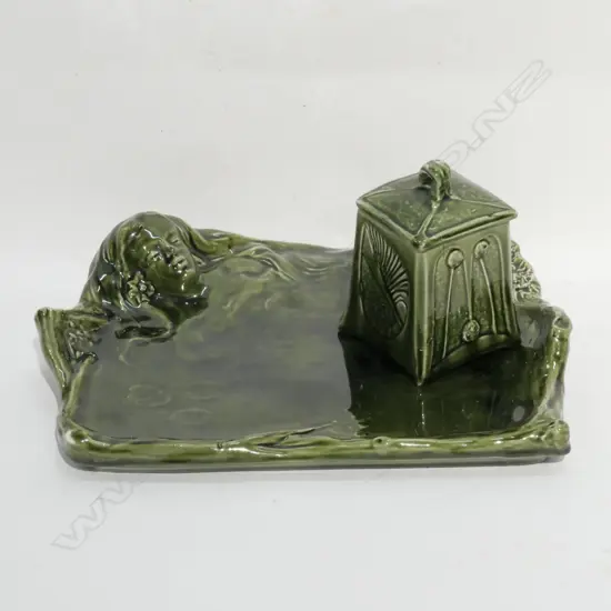 FRENCH MAJOLICA GREEN GLAZED FIGURATIVE TRAY (W. 320) + SUGAR BOX