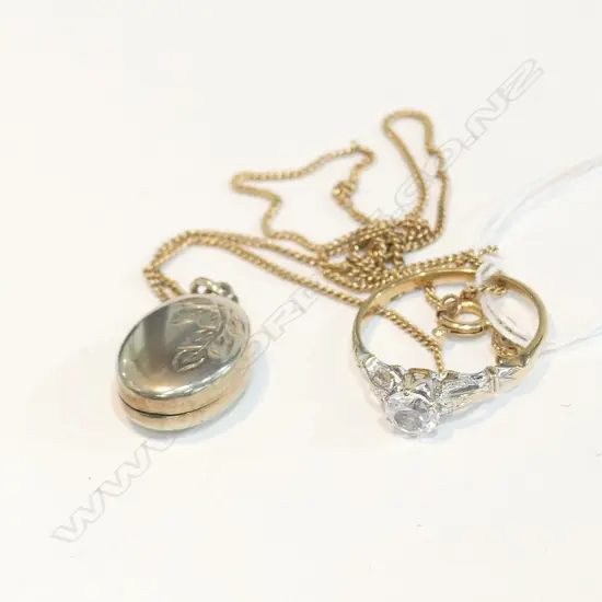 SILVER GILT LOCKET 9CT GOLD CHAIN 9CT GOLD RING 7GMS