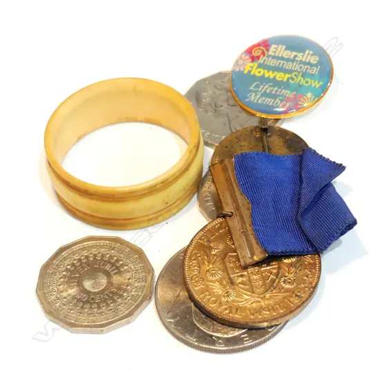 53-54 ROYAL VISIT MEDAL; ROY AGRIC SOC NZ LIFE MEM BADGE; COINS, ETC 