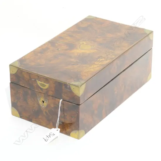 EARLY 20THC FRENCH WALNUT TRAVELLING BOX, BRASS BOUND, W. 260MM