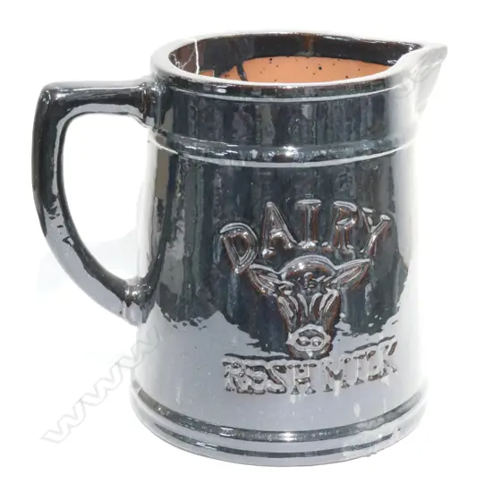 LGE DARK LUSTRE GLAZED 'DAIRY FRESH MILK' JUG PLANTER