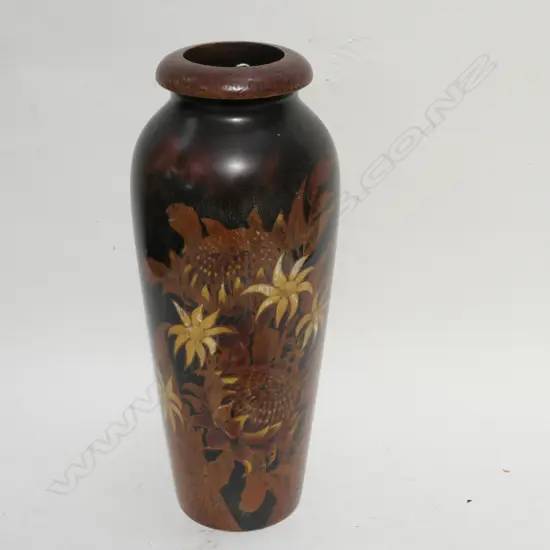 TALL WOODEN POKERWORK FLORAL VASE H. 350MM
