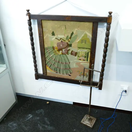 VINTAGE NEEDLEWORK FIRESCREEN H 750MM AND ROLL HOLDER