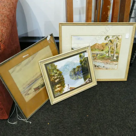 3 ARTWORKS: W.K.HUTCHINSON GOUACHE RIVER SCENE; M.HOLMES W/C BRIDGE; J.H.MAYTON W/C COASTAL 