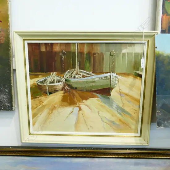 OIL PAINTING OF BOATS - MONOGRAMMED H. 440 W. 360MM