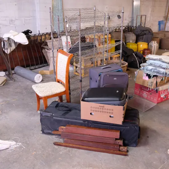 TWO WIRE SHELVING UNITS H.1560 + 2 SUITCASES / SIDE CHAIR ETC