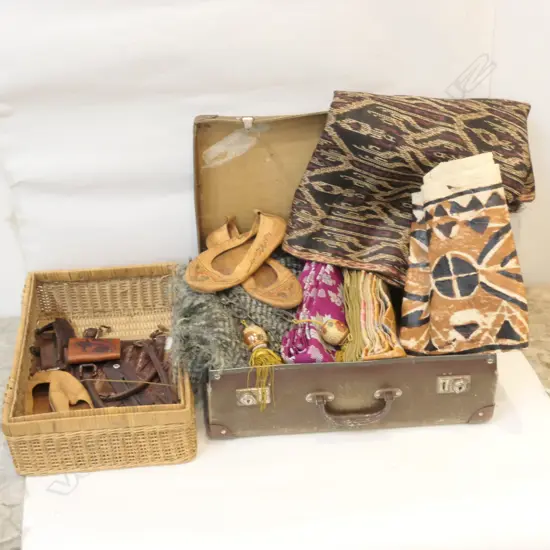 BRIEFCASE AND BASKET OF LEATHER, TAPA CLOTH ETC