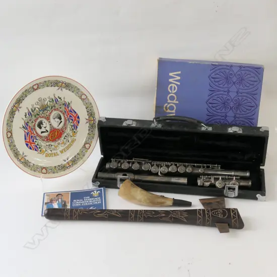 BOX LOT WEDGEWOOD PLATE / WIND INSTRUMENT / AXE