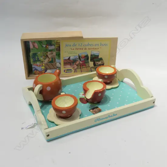 CHILDS WOODEN TEA SET; CHILDS FRENCH WOODEN FARM SCENE BLOCKS