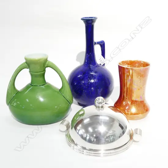 3 CERAMIC VASES AND ART DECO DOMED DISH (MINOR AF TO INTERIOR GLASS OF DISH)