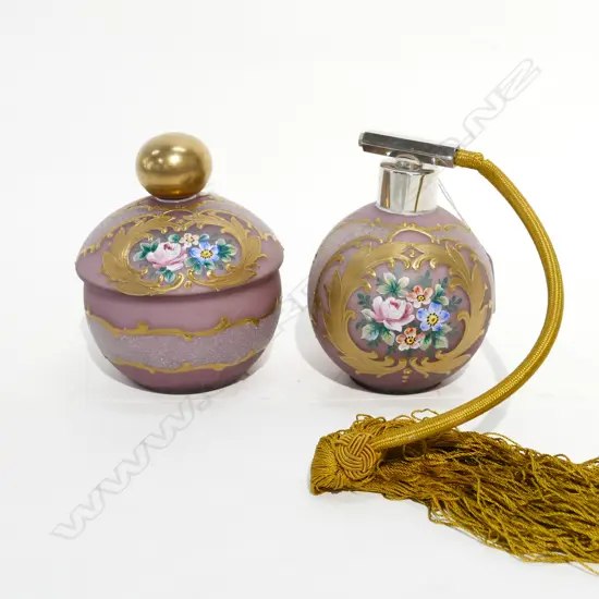 ANTIQUE GILDED HANDPAINTED VANITY JAR AND PERFUME BOTTLE