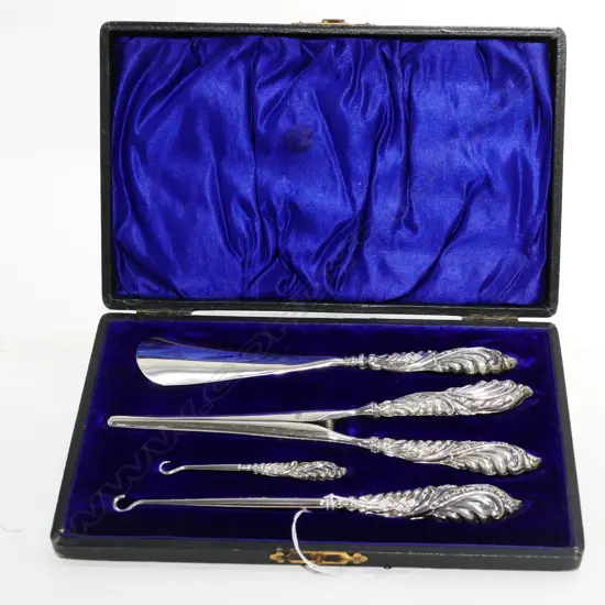 SILVER 1907 BIRM. SET TONGS HOOKS HORN BOXED
