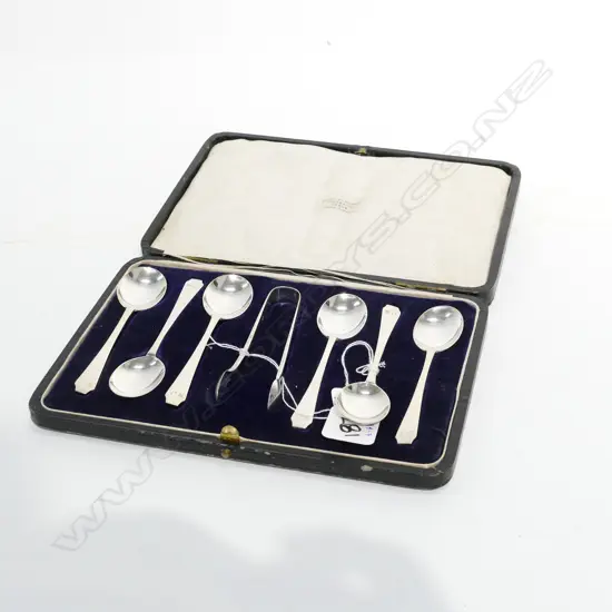 S/S BOXED SET 6 TEASPOONS AND TONGS LONDON 1923