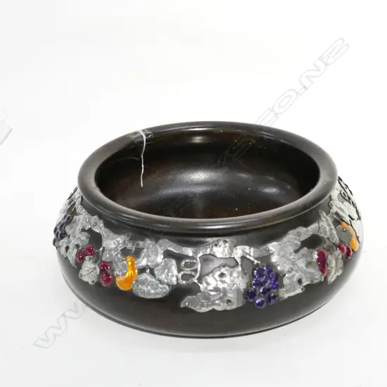 ARTS & CRAFTS TURNED BOL w HAMMERED PEWTER & ENAMEL FRUITING VINE OVERLAY. Dia.270mm