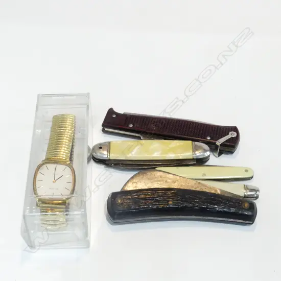 5 VINTAGE POCKET KNIVES + BULOVA W/WATCH NO CROWN