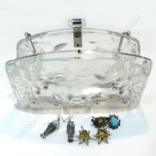 1950s LUCITE & RHINESTONE PURSE AND 3 PAIRS VINTAGE EARRINGS