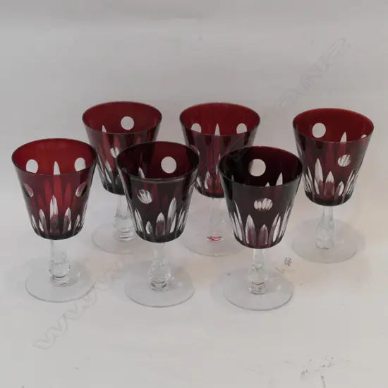 6 STEMMED CUT CRANBERRY WINE GLASSES