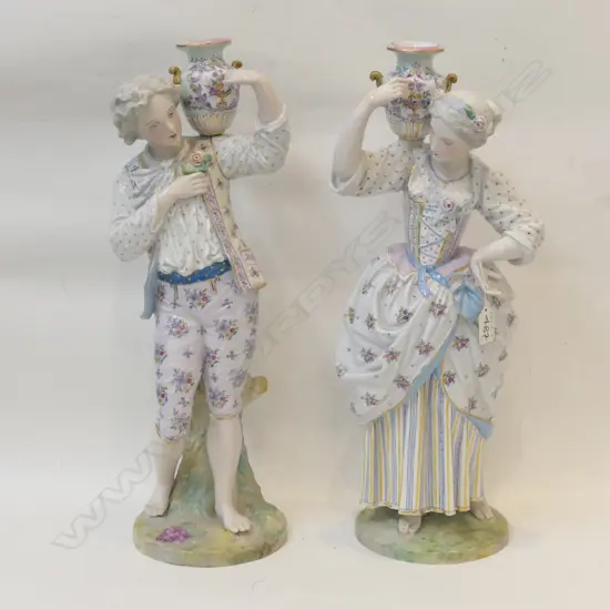 PAIR LARGE MEISSEN FIGURINES CROSSED SWORDS MARK TO BASE  professional restoration to urns  H.500mm