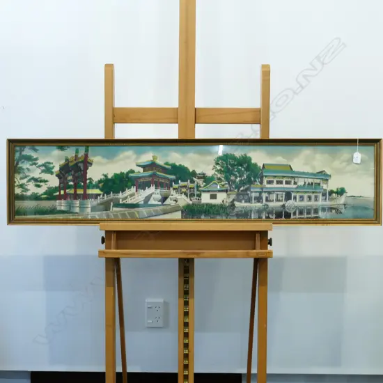 FRAMED ASIAN EMBROIDERY PAGODA SCENE 1240MM L